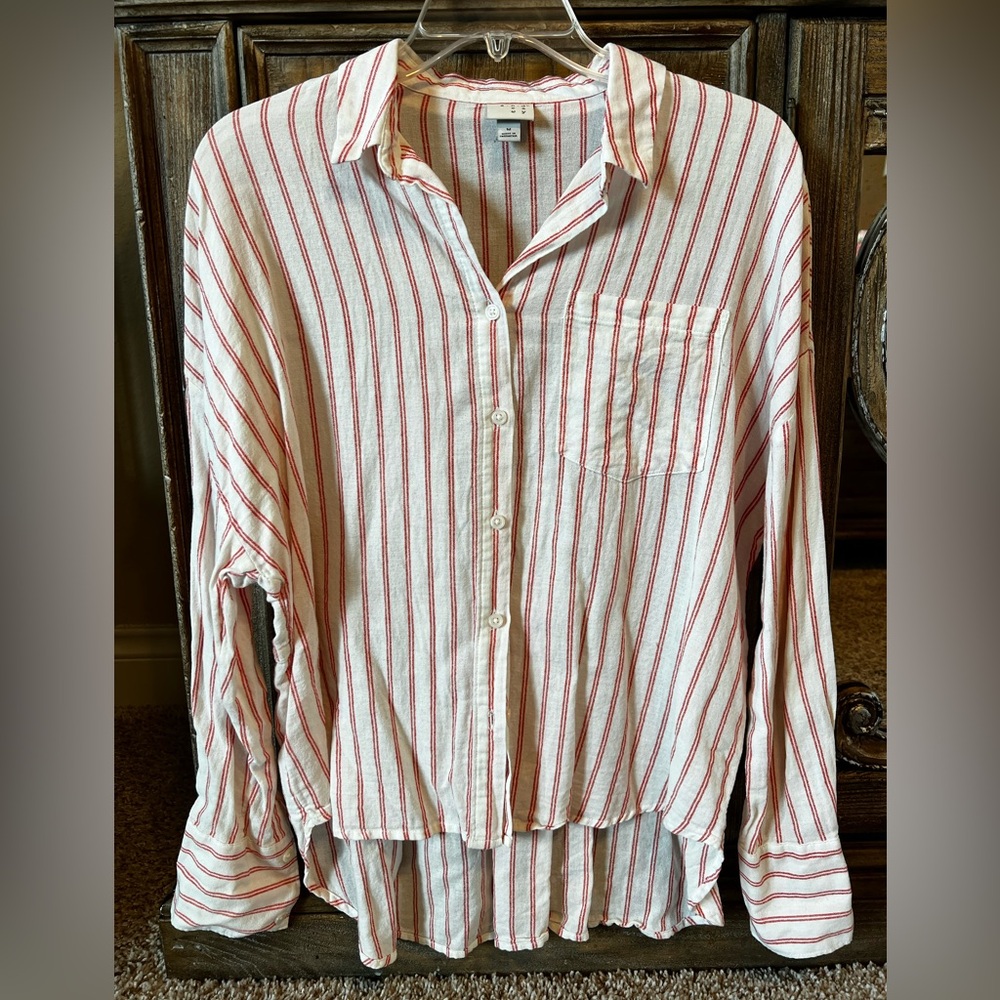 A New Day target red white striped button down collar long sleeve blouse casual